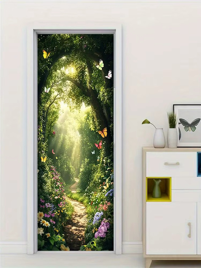 Selbstklebender Türaufkleber mit Waldmotiv, Schmetterlinge und Sonnenschein in Mehrfarbig - Bild 6