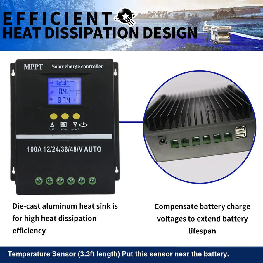 Powlsojx MPPT Solar-Laderegler mit LCD-Display und Dual-USB-Schnellladefunktion für Blei-Säure- und Lithium-Batterien, Schwarz - Bild 3
