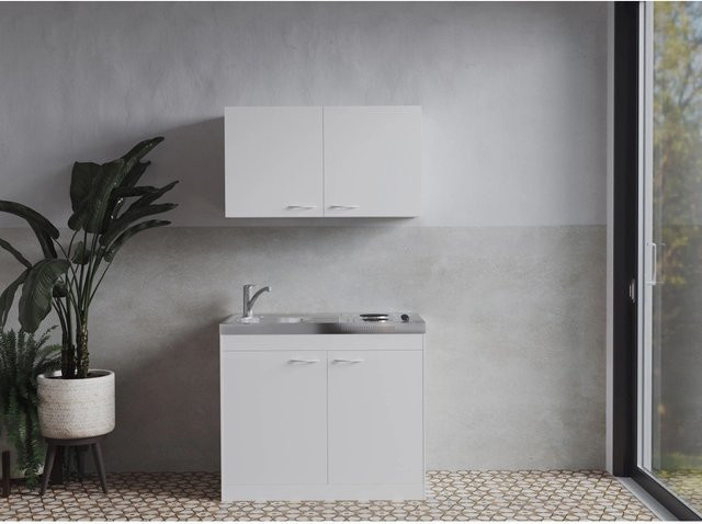 Respekta Miniküche Levin in Weiß mit Kochmulde aus Edelstahl und Oberschrank, Breite: 100 cm - Bild 1