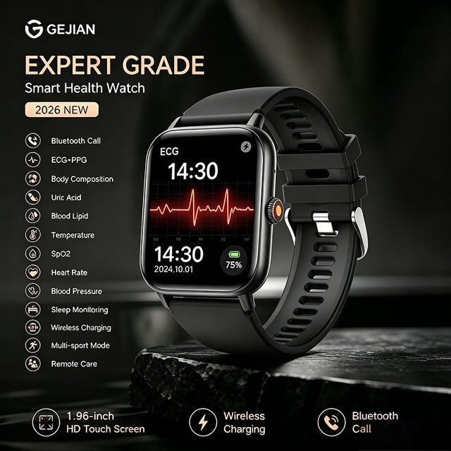 GEJIAN Gesundheits-Smartwatch mit ECG und PPG, 1,83 Zoll HD-Bildschirm, Bluetooth-Anruffunktion, GPS und Sportfunktionen, IP67 wasserdicht, Schwarz, kompatibel mit Android und iOS - Bild 1
