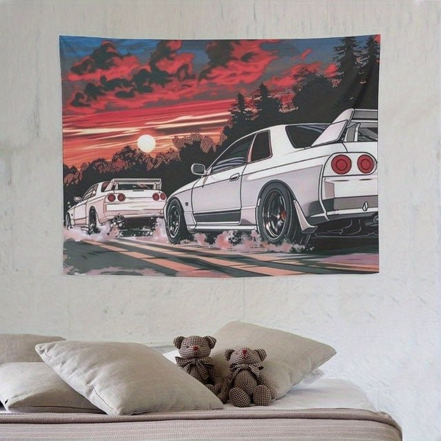 VIKAMA Wandteppich Japanischer JDM Skyline R32 Sportwagen Sonnenuntergang Anime-Hintergrund Dekoration, Mehrfarbig, B: 60,0 cm, H: 40,0 cm - Bild 1