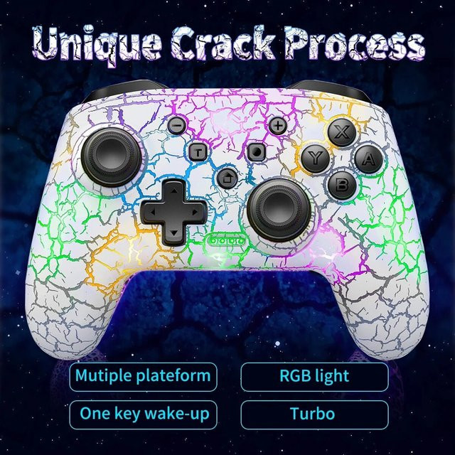 GAMINJA Wireless Gamepad mit Sechs-Achsen-Gyroskop, Dual Vibration und RGB LED-Crack-Effekt für Nintendo Switch, PC und PS3, Farbe: Multicolour/Weiß - Bild 1