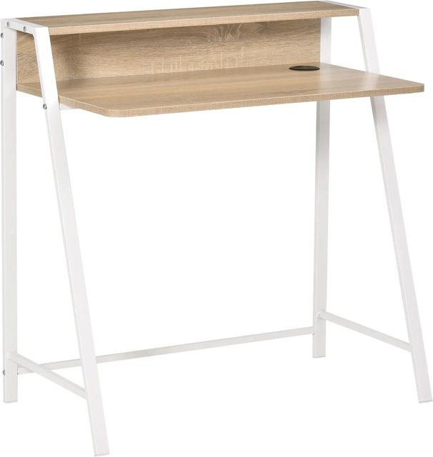 HOMCOM Schreibtisch in Weiß und Eiche mit Metallgestell und Kabeldurchlass, B/T/H: 84 x 45 x 85 cm - Bild 1
