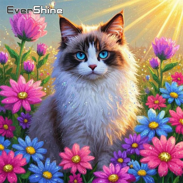 EverShine Diamant-Gemälde mit floralem Motiv und Katze, Mosaik-Stickerei mit runden Strasssteinen in Multicolour, B/H: 20 x 20 cm - Bild 1