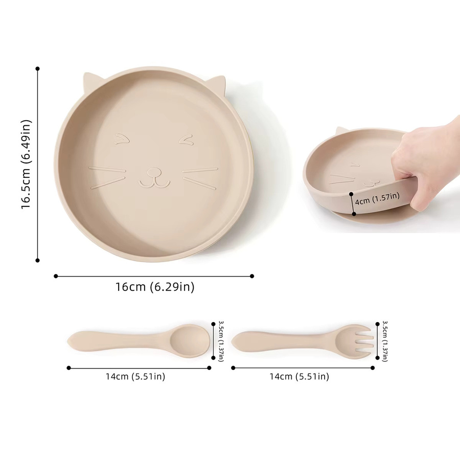 TYRY.HU Baby Fütterung Set aus Silikon in Beige mit Teller, Löffel und Gabel für das Kleinkind Training - Bild 2