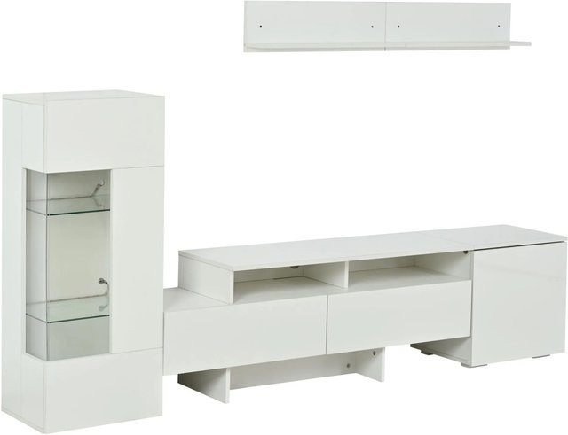 okwish TV Wohnwand Set in Weiß mit LED-Beleuchtung und Hochglanz-Vitrine, B/T/H: 170 x 35 x 45 cm - Bild 1