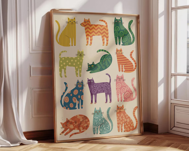 SHENCHEN Aquarell-Kunstdruck mit Katzen und floralen Motiven, mehrfarbiger Papierposter für die Wanddekoration in Wohnzimmer, Kinderzimmer oder Heimbüro - Bild 1