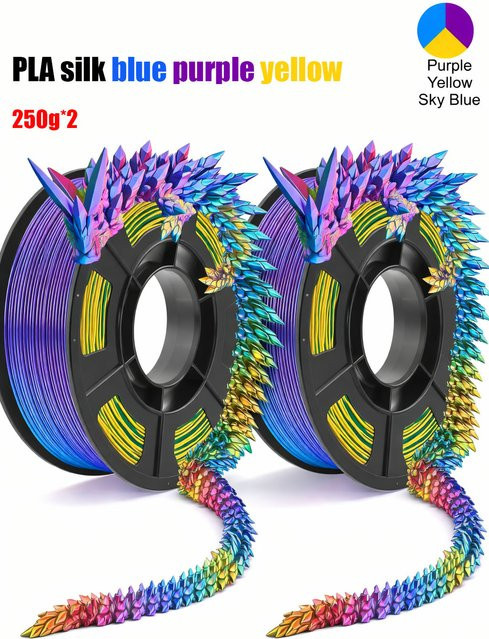 Filajoy3D Dreifarbiges Seiden-PLA-Filament für FDM 3D-Drucker, Blau, Lila und Gelb, 1,75 mm, 500 g - Bild 1