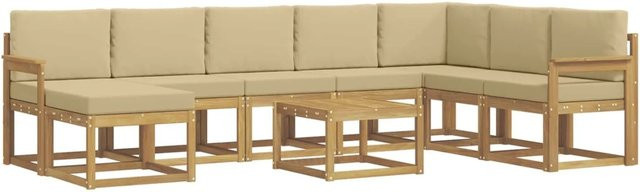vidaXL Outdoor-Sofagarnitur 9-tlg. in L-Form aus Akazienholz mit Kissen, Weiß und Beige - Bild 1