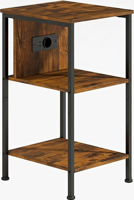 HOMCOM Beistelltisch mit Ladestation in Rustikal-Braun, schmaler Couchtisch mit 2 Ablagen und Stahlrahmen, B/T/H: 30 x 30 x 58 cm, Aosom - Bild 1
