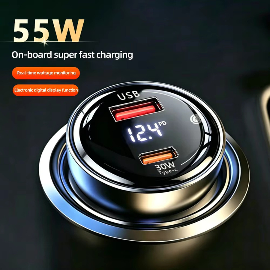 KEBETEME Cyberpunk Autoladegerät mit Echtzeit-Spannungsüberwachung, 2-Port USB-A und USB-C, Schwarz/Grau - Bild 3