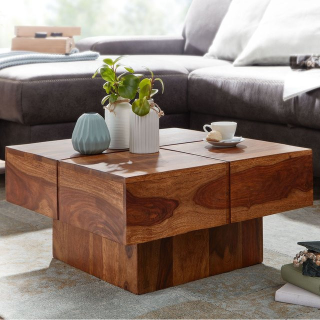 Couchtisch FineBuy aus Massivholz in Braun mit Rillenmuster, modern und quadratisch, B/T/H: 57,5 x 57,5 x 30 cm - Bild 1