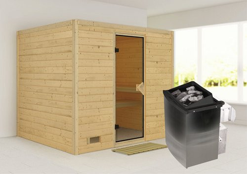 Karibu Sauna Paldiski aus Fichtenholz in Beige inklusive 9 kW Saunaofen mit integrierter Steuerung für 4 Personen, B/T/H: 236 x 184 x 209 cm - Bild 1