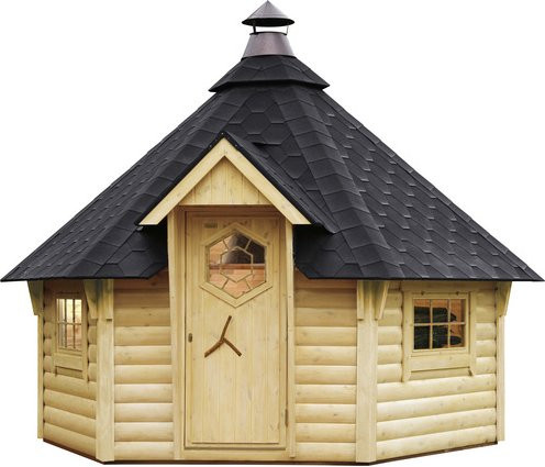 Wolff Finnhaus Grillkota aus Holz in Braun und Schwarz mit Dachschindeln, B/T: 438 x 388 cm - Bild 1