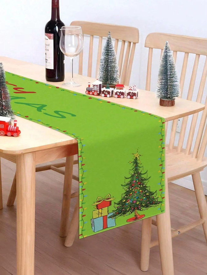 JIT Weihnachts-Tischläufer aus Leinen mit grünem Baummuster für deine Tischdekoration - Bild 2