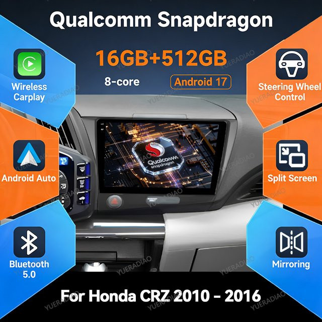 Android 17 Autoradio für Honda CRZ CR-Z 2010 - 2016 mit GPS, 4G LTE, 5G, WIFI, QLED Display und Qualcomm Prozessor in Schwarz - Bild 1