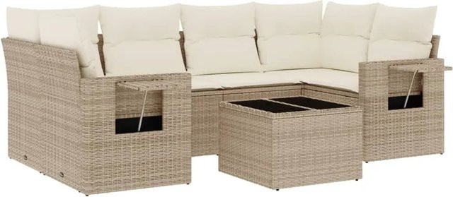 vidaXL 7-teilige Garten-Sofagarnitur in L-Form aus Poly-Rattan mit Kissen in Beige-Creme - Bild 1
