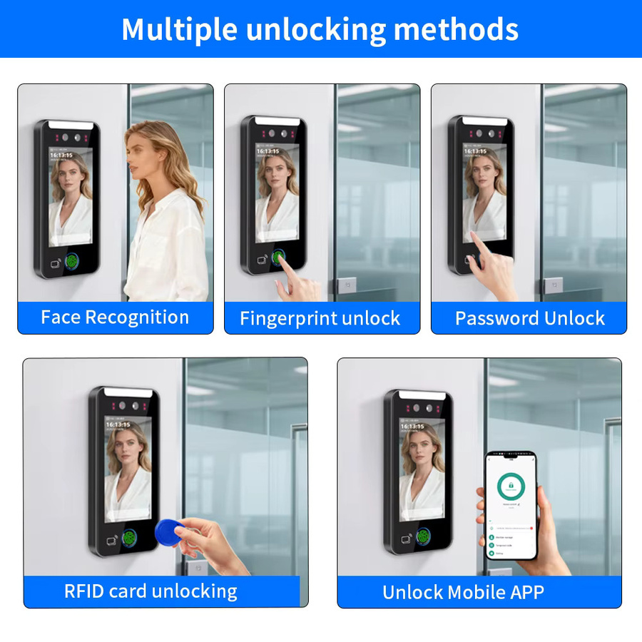 Asia-Teco Visuelle Gegensprechanlage mit Gesichtserkennung und Tuya WiFi, biometrische Fingerabdruck- und Palmvenen-Zugangskontrolle, 7-Zoll-HD-Kamera, Schwarz - Bild 6