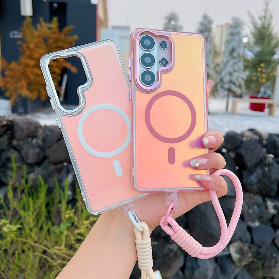MagSafe Magnetic PC Hard Case mit Farbwechsel und Lanyard für Samsung Galaxy S25 S26 S24 Ultra Edge Plus FE A56 A36 A26 A17 in Grün und Pink - Bild 2