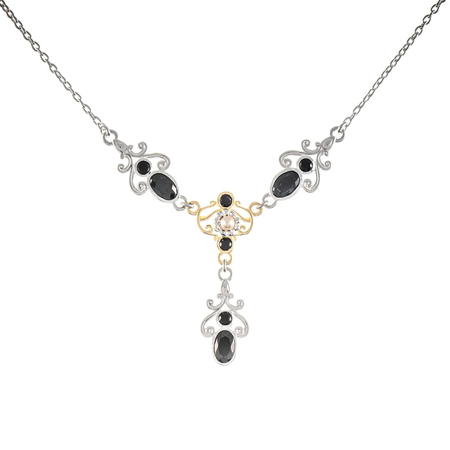 Collier 925 Silber, teilvergoldet, Zirkonia schwarz, Perle, Damen - Bild 1