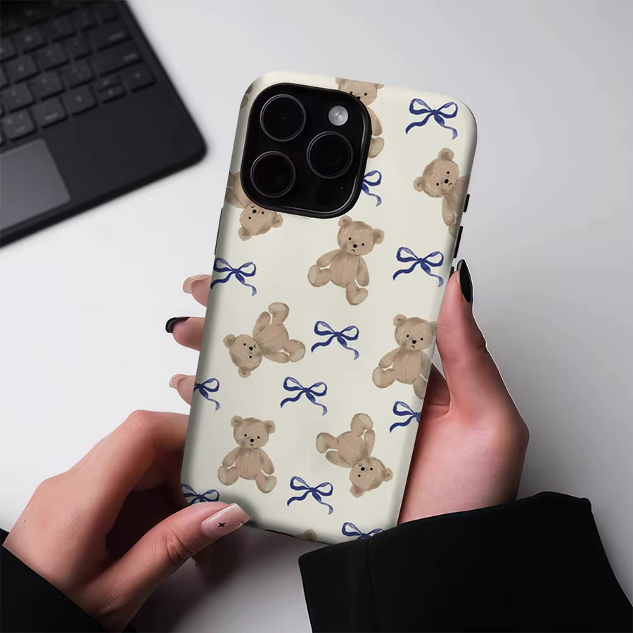 Potdemiel Handyhülle mit Bären-Motiv und blauer Schleife für iPhone 17 16 15 14 13 Pro Max Plus, magnetisch, doppelschichtig und robust, Hellbraun/Mehrfarbig - Bild 2