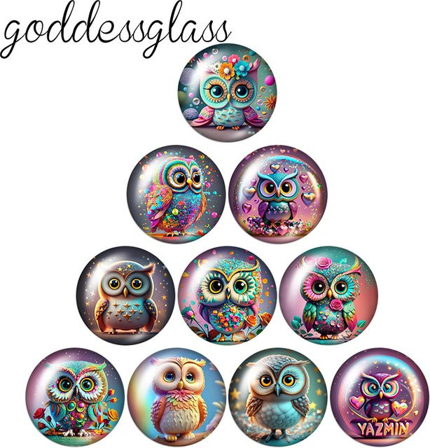 Goddessglass Glas Cabochon, Eule Blumen Herzen, rund - Bild 1