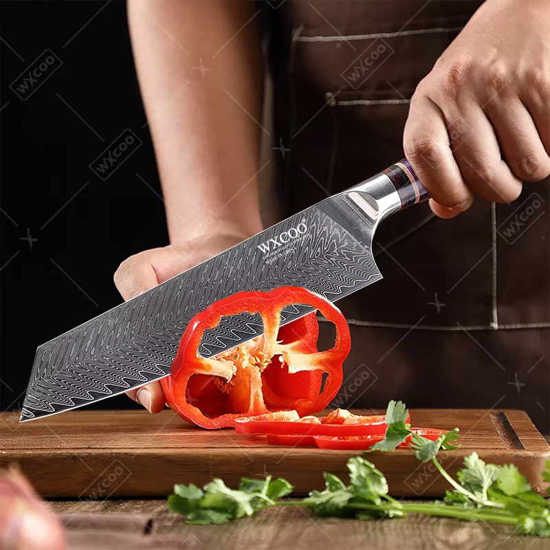 WXCOO Japanisches Kiritsuke Nakiri Messer aus Damaststahl, handgeschmiedetes Profi-Küchenmesser mit Holzgriff - Bild 2
