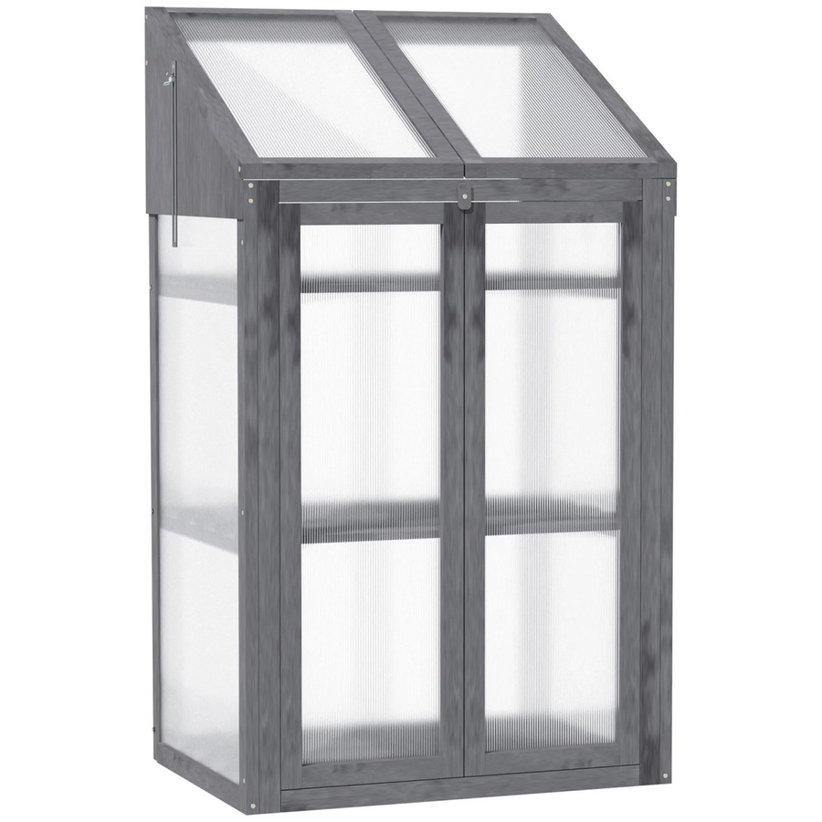 Outsunny Mini Gewächshaus aus Tannenholz mit Polycarbonat-Abdeckung und drei herausnehmbaren Regalen, Grau, B/T/H: 70 x 50 x 120 cm - Bild 2