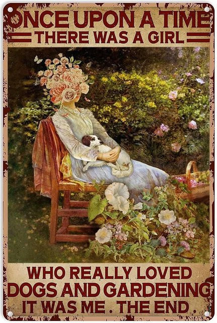 VDUEOJE Vintage Blechschild A Girl Loves Dogs and Gardening Wandekoration aus Metall, Mehrfarbig, B: 20,0 cm, H: 14,0 cm - Bild 1