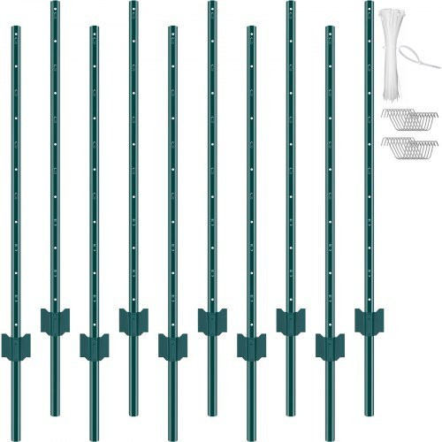 VEVOR 10er-Pack T-Pfosten aus Metall für Maschendrahtzäune, stabile Zaunpfosten aus Stahl, grün, Höhe: 121,92 cm - Bild 1