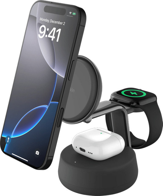 Belkin UltraCharge Pro 3-in-1 MagSafe Kabelloses Ladegerät mit Ständer Qi2 25 W Schwarz - Bild 1