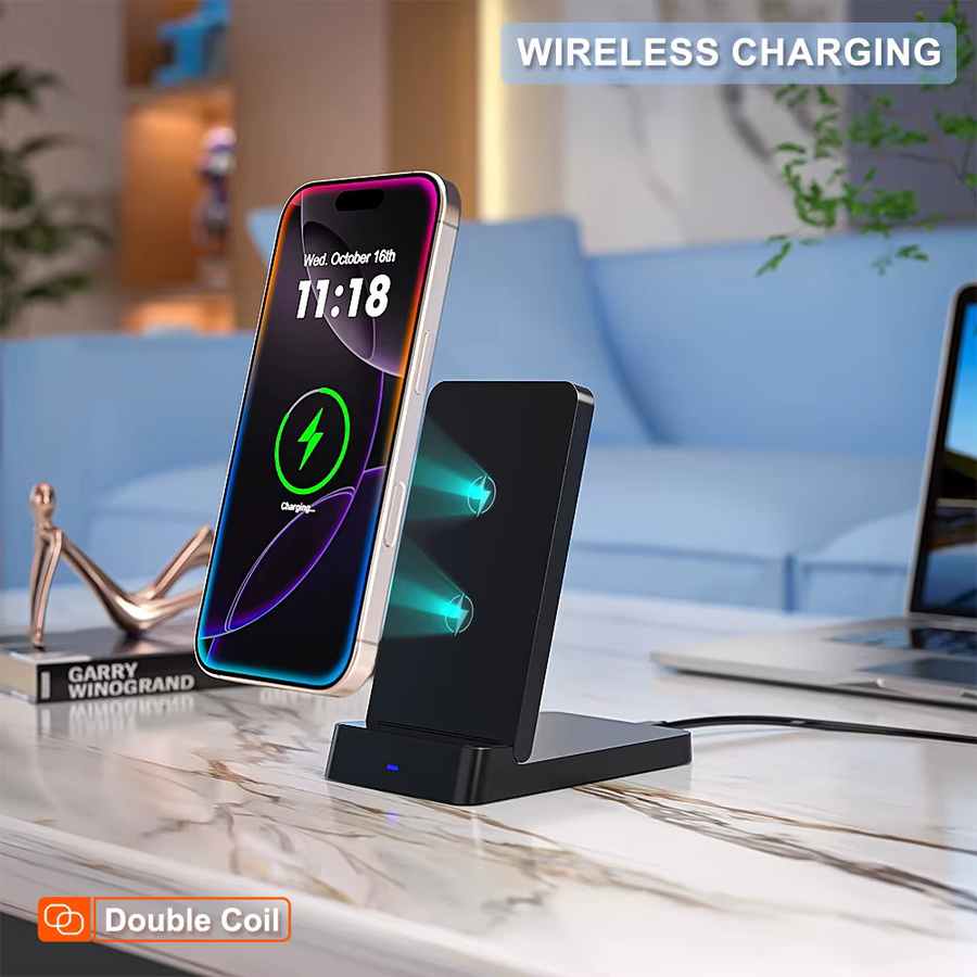 VIKEFON Drahtloses Ladegerät mit klappbarem Desktop-Halter für iPhone, Samsung und Xiaomi in Schwarz - Bild 2