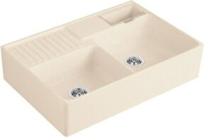 Villeroy & Boch Spülstein-Doppelbecken aus Keramik in Beige, Wandhängend - Bild 1