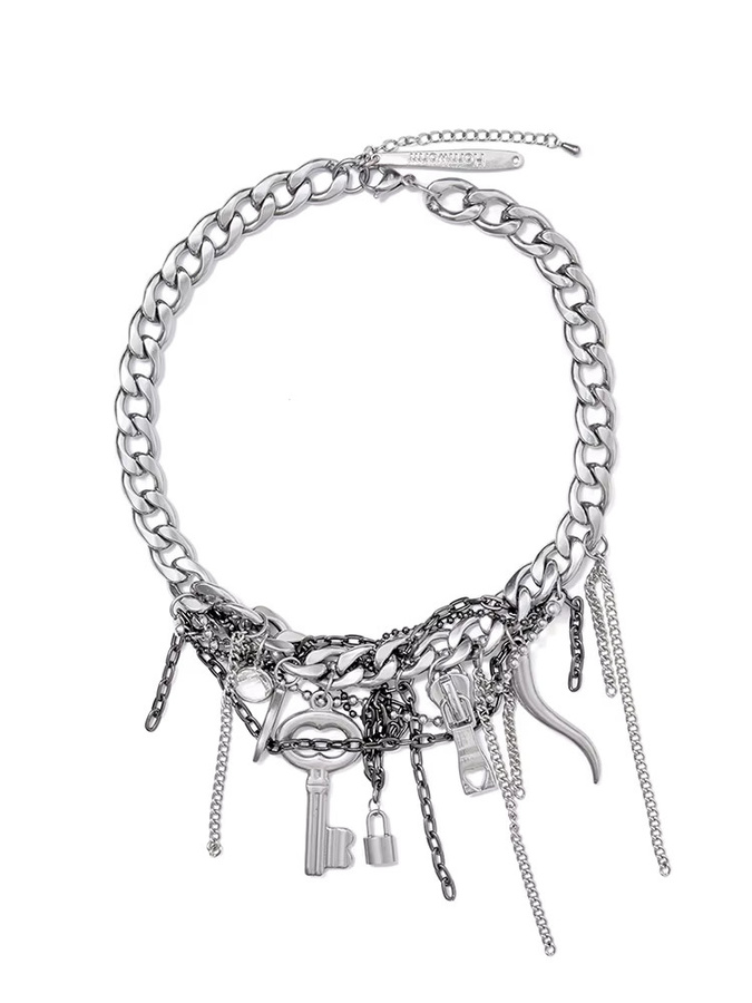 ZHUHE Halskette mit Quaste und Schloss, Edelstahl, Silber, Unisex - Bild 3
