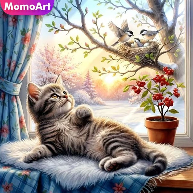 Momoart DIY Diamant-Stickerei Katze und Vogel Mosaik Set in Multicolour für Anfänger als Wandkunst - Bild 1
