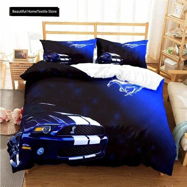 Mustang Bettwäsche-Set mit Auto-Muster in Blau, bestehend aus Bettbezug und Kissenbezug aus Mikrofaser, B/H: 70 x 133 cm - Bild 1