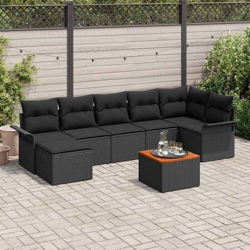 vidaXL Garten-Sofa-Set aus Rattan und Massivholz mit Kissen und Stauraum, 8-teilig, Schwarz - Bild 1