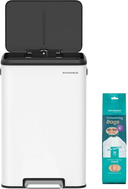 Songmics Mülleimer Plushic mit Pedal und Soft-Close-Funktion aus Edelstahl, Weiß-Schwarz, 40 l - Bild 1