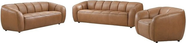 Pradoni Couchgarnitur aus Leder mit 3-Sitzer-Sofa, 2-Sitzer-Sofa und Sessel in Camel, Steppeffekt, B/T/H: 234 x 202,5 x 111,5 cm - Bild 1