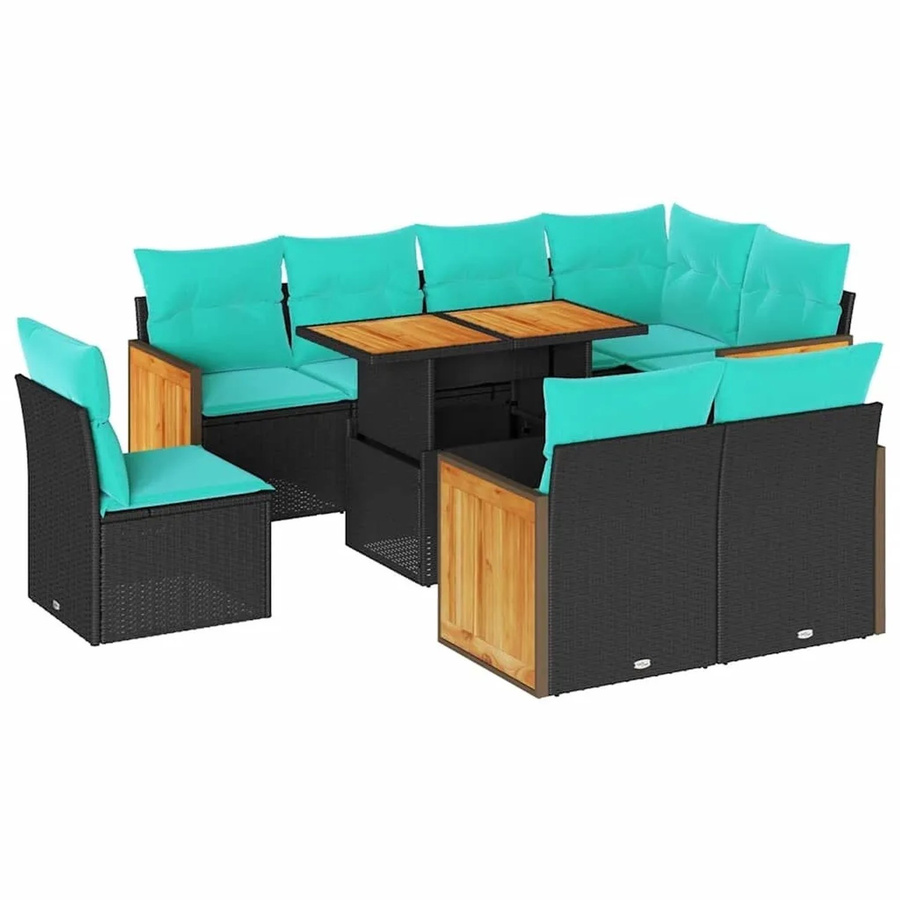 vidaXL 9-teilige Garten-Sofagarnitur aus Poly-Rattan und Akazienholz in Schwarz mit Kissen - Bild 2