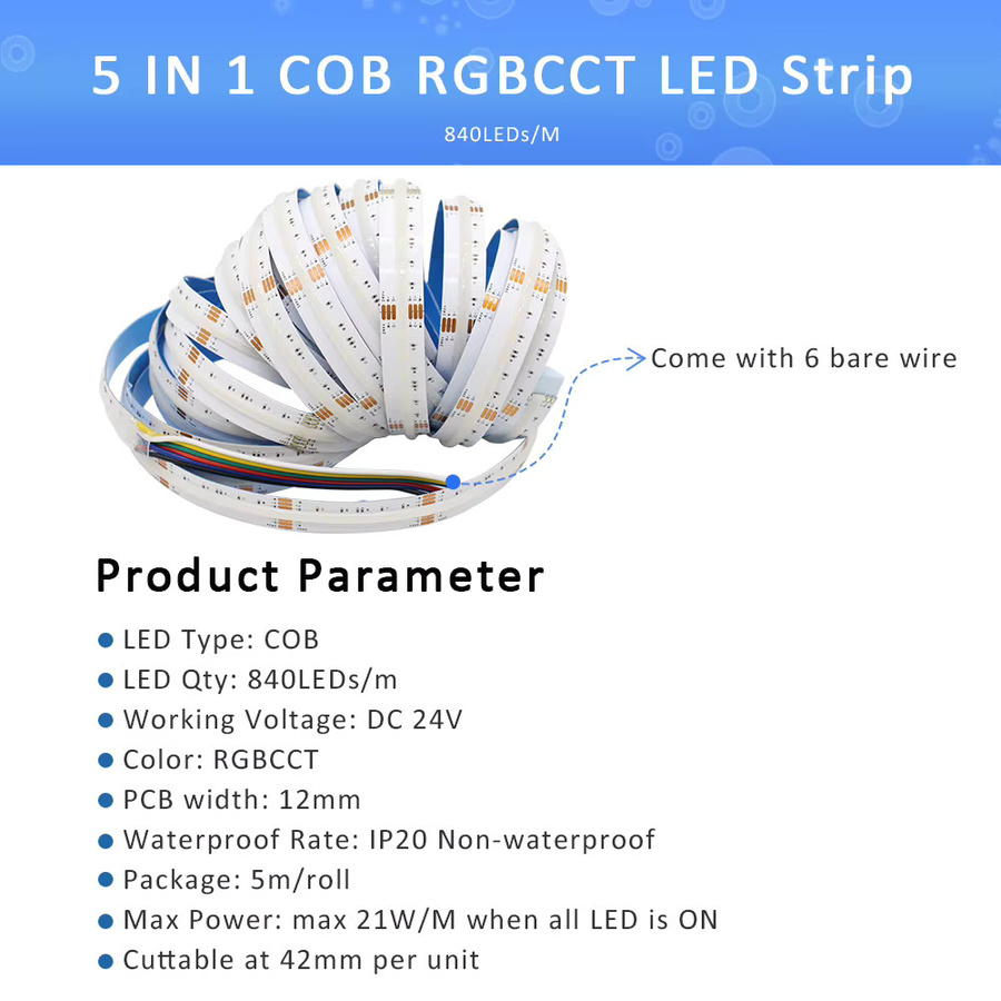 MJJC RGBCCT COB LED Streifen Licht DC 24V, 5m FCOB LED Band mit 840 LEDs/m, RGBWW Multicolour, dotless flexibel für Raumdekoration und Beleuchtung - Bild 2
