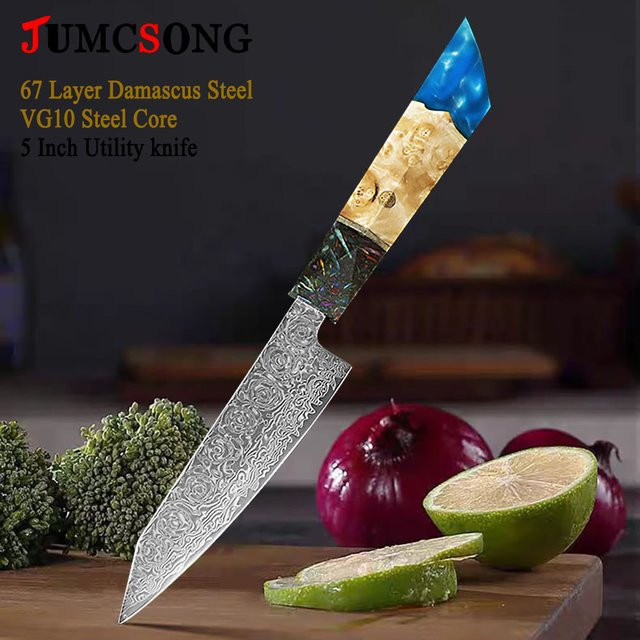 JUMCSONG Damastmesser Schälmesser mit blauem Harzgriff, 5 Zoll - Bild 1