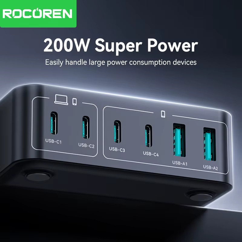 Rocoren 200 W GaN Schnellladegerät mit 6 Ports und USB Typ C für iPhone 15 16 Pro Max und Samsung - Bild 4