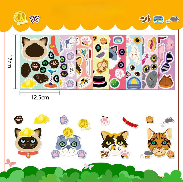 KatzenGesicht Wechselnde Graffiti Aufkleber Cartoon Niedlich DIY Puzzle Aufkleber 8er Set - Bild 1