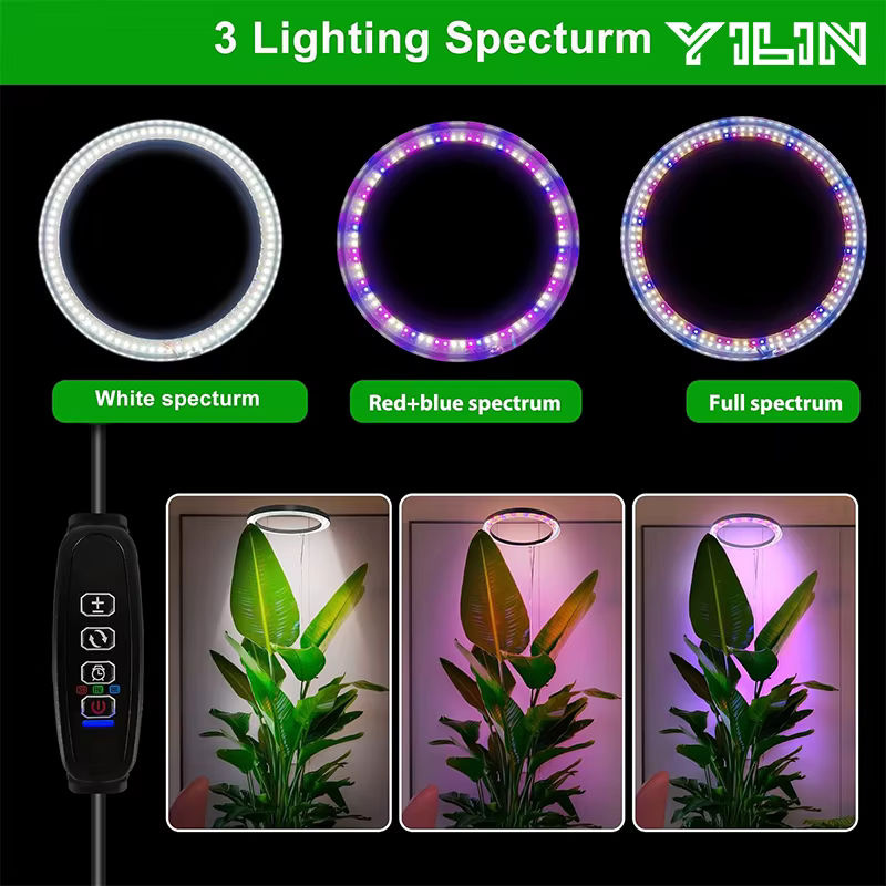 YILIN LED-Pflanzenwachstumslampe Vollspektrum in Schwarz mit höhenverstellbarem Ring und Timer für Zimmerpflanzen, Höhe: 16 cm - Bild 5