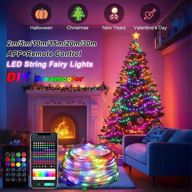 LINYILIGHT Smart LED Fairy String Light RGBIC mit Musik-Sync, App-Steuerung und WiFi, IP67 Wasserdicht, USB-Betrieb, Multicolor - Bild 1