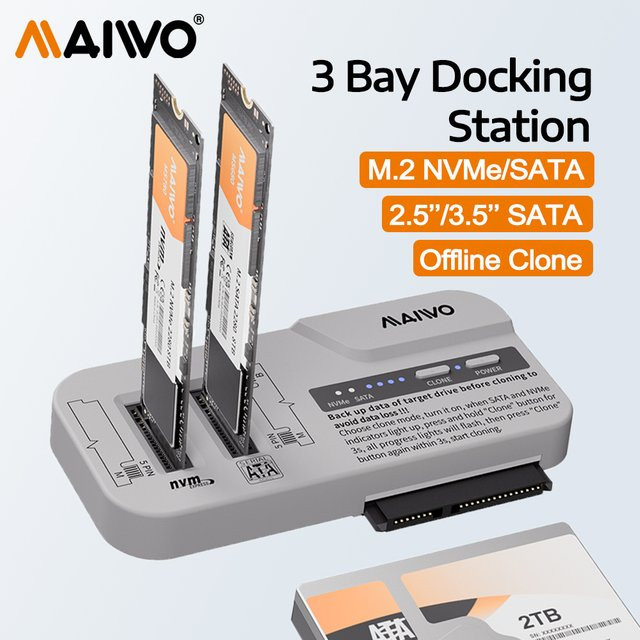 MAIWO 3-Schacht-Dockingstation für M.2 NVMe SATA SSD und 2,5 sowie 3,5 Zoll SATA HDD mit Offline-Klonfunktion, unterstützt bis zu 30 TB und 8 TB - Bild 1