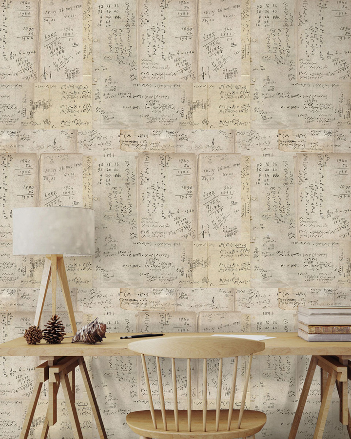 MINDTHEGAP Tapete Math WP20044 in Beige mit geometrischem Typografie-Design und Vintage-Stil aus Vlies - Bild 1