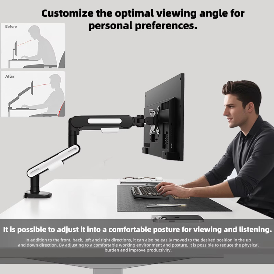 BEISHI Einzelmonitorhalterung für Schreibtisch, verstellbarer Computermonitorarm für 13-32 Zoll, Tragkraft 2-10 kg, VESA 75/100 mm, Schwarz oder Weiß - Bild 5