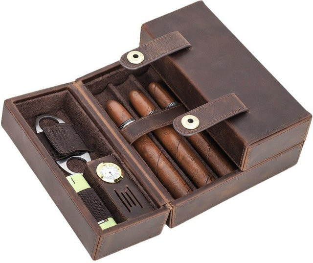 Cattabby Zigarren-Humidor aus echtem Rindsleder mit Hygrometer und Befeuchter, braun - Bild 1